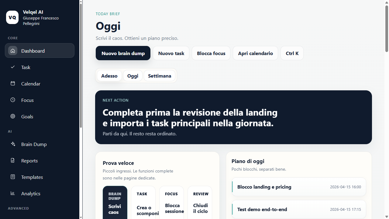 Dashboard Velquel AI con piano giornaliero, prossima azione e task